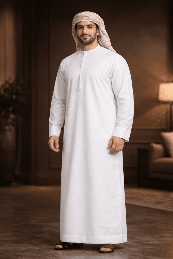 ثوب عربي بخياطة دقيقة وقصة مستقيمة